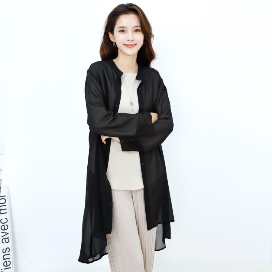【透け感有り】カッコいいシフォンシャツ ロングシフォンシャツ ブラック 無地 黒 透け感 モード クール