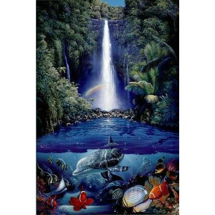 クリスチャン・ラッセン 「kahana falls」（滝／イルカ） ポスター〔新品〕 HR-13499H｜fcca