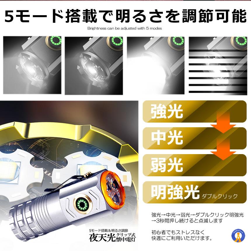 クリップ式 1000LM LED 強力 小型 18350電池 対応 磁石 5つのモード