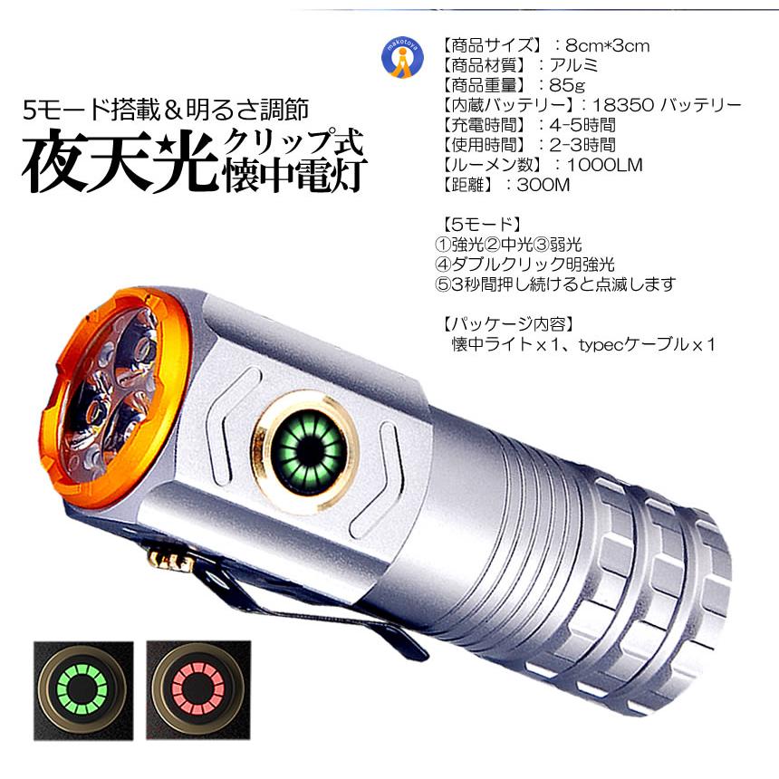 クリップ式 1000LM LED 強力 小型 18350電池 対応 磁石 5つのモード