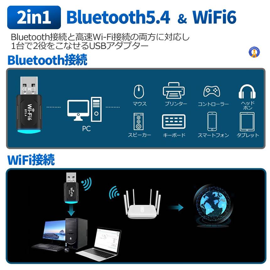 Bluetooth5.4 WiFi6 対応 2in1 USB アダプター Bluetooth/Wi-Fi 送受信