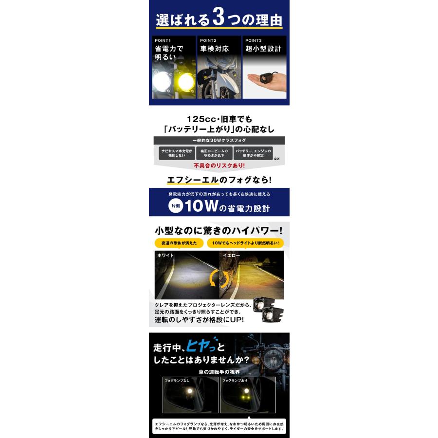 fcl. バイク フォグランプ led 2色切り替え ホワイト イエロー ステー