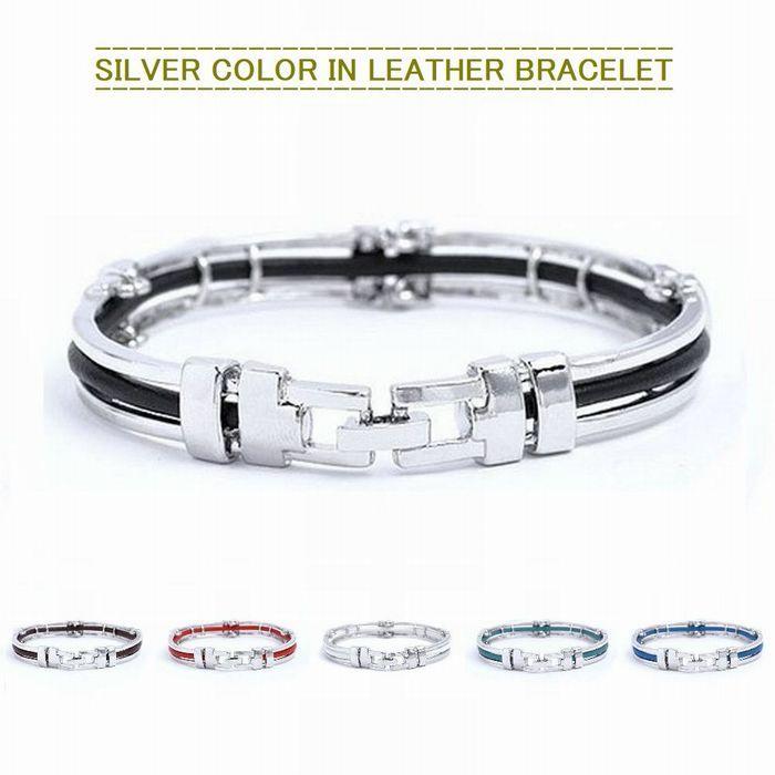ブレスレット シルバーinレザー メンズ ユニセックス カジュアル シンプル お洒落 高級感 楽天市場