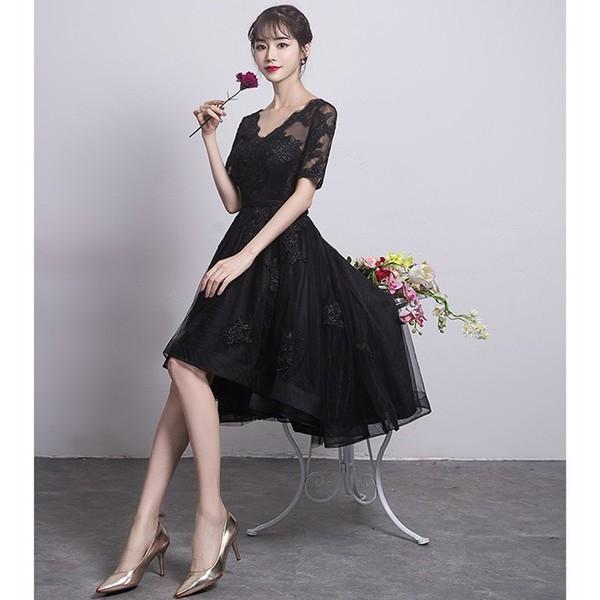 パーティードレス 結婚式 ドレス 袖あり ウエディングドレス 不規則 ワンピース 膝丈 同窓会 パーティドレス 二次会 お呼ばれ 披露宴 忘年会 黒ドレス Adl7021 Clx Adl7021 フェリータ 通販 Yahoo ショッピング