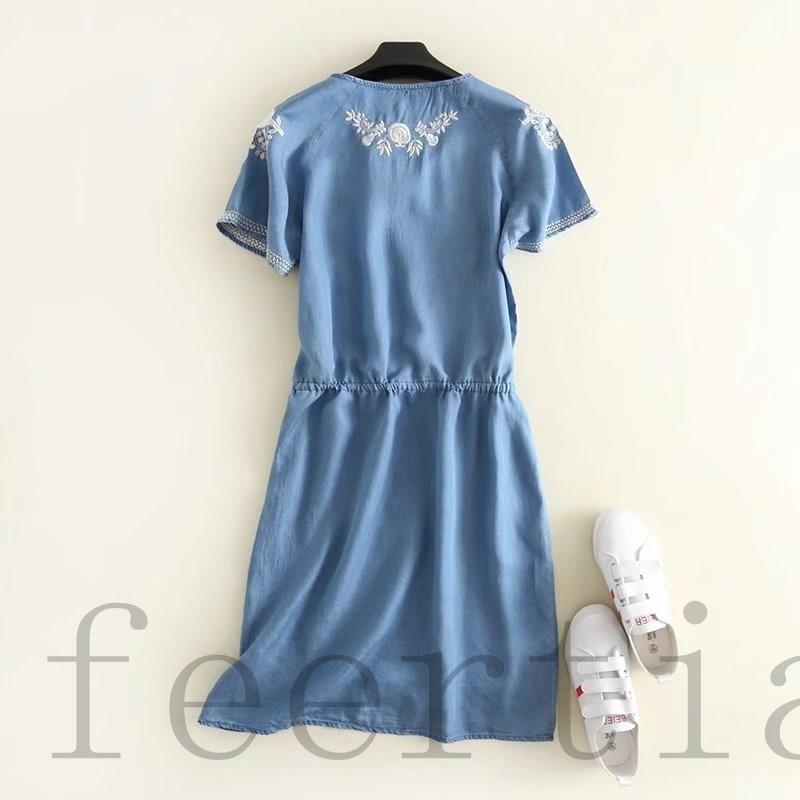 ワンピース デニム レディース デニムワンピ 膝丈 夏 体型カバー マキシワンピース シャツワンピース 短い袖 Aライン 刺繍 着やせ 薄手半袖 Denimu0001 フェリータ 通販 Yahoo ショッピング