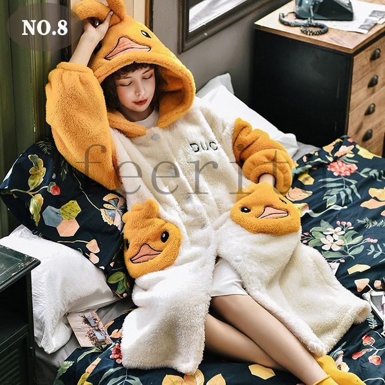 ルームウェア レディース 前開き もこもこ 冬 ワンピース パジャマ 着る毛布 かわいい ガウン 動物柄フード フルーツ柄フード 可愛いポケット Feecq 506 フェリータ 通販 Yahoo ショッピング