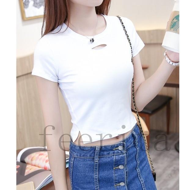 クロップドtシャツ 半袖tシャツ ショート丈 腹見せ 無地 シンプル Uネック タイト 伸縮性 Tシャツ レディース セクシー 着痩せ フェミニン 大 Feertiacq722 フェリータ 通販 Yahoo ショッピング