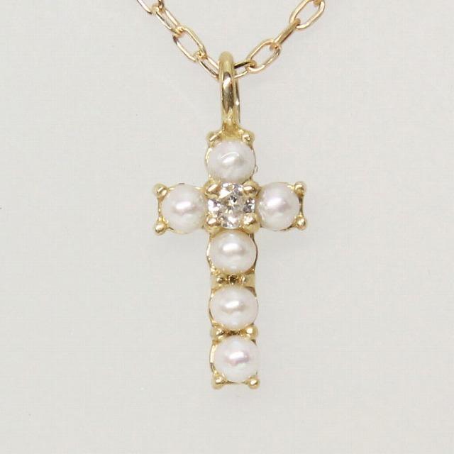 K10 イエローゴールド ベビーパール ダイヤモンド クロス 十字架 ネックレス fefプライス | 