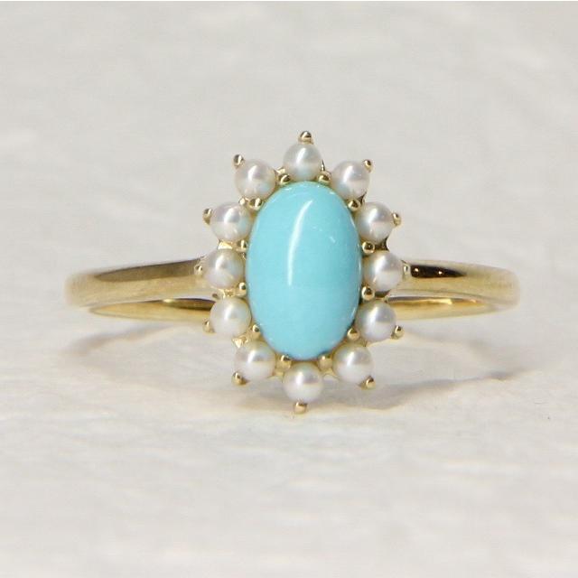 K10イエローゴールド ターコイズ トルコ石 ベビーパール クラシカル リング 指輪 fefプライス | 