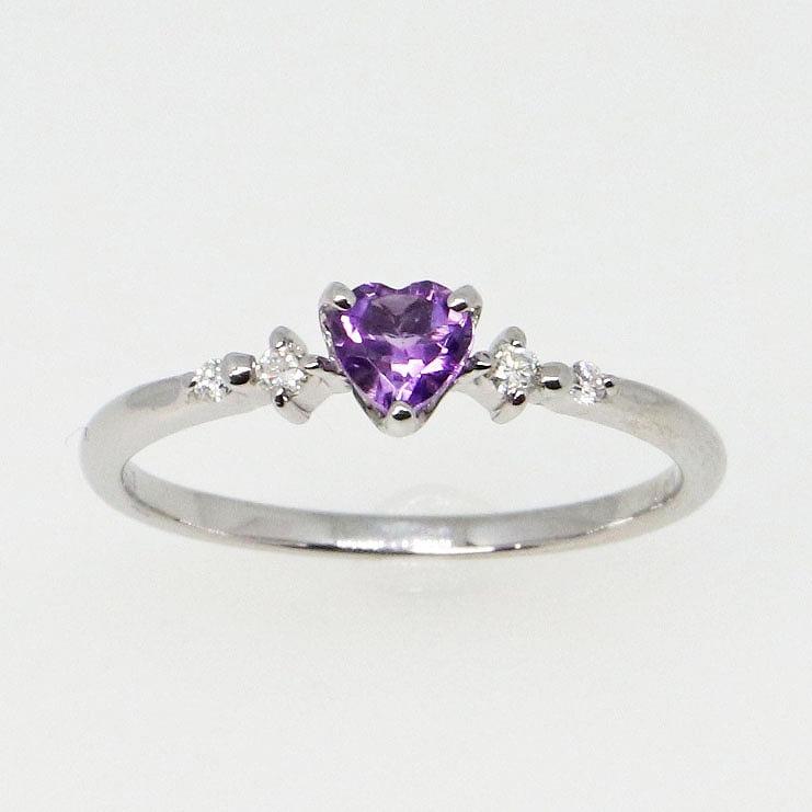 K10ホワイトゴールド アメジスト 2月 誕生石 ハートシェイプカット ハート ダイヤ リング 指輪 fefプライス | 