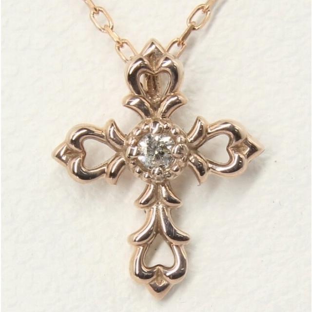 K10ピンクゴールド 天然ダイヤモンド ダイヤ 十字架 クロス ネックレス fefプライス | 