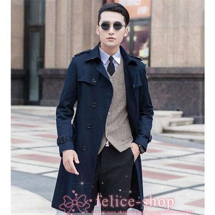 人気 トレンチコートメンズビジネスコートスプリングロング丈アウター秋ピーコートpコートジャケットチェスターコートスリム トレンチコート カラー ネイビー Artirado Applux Lu