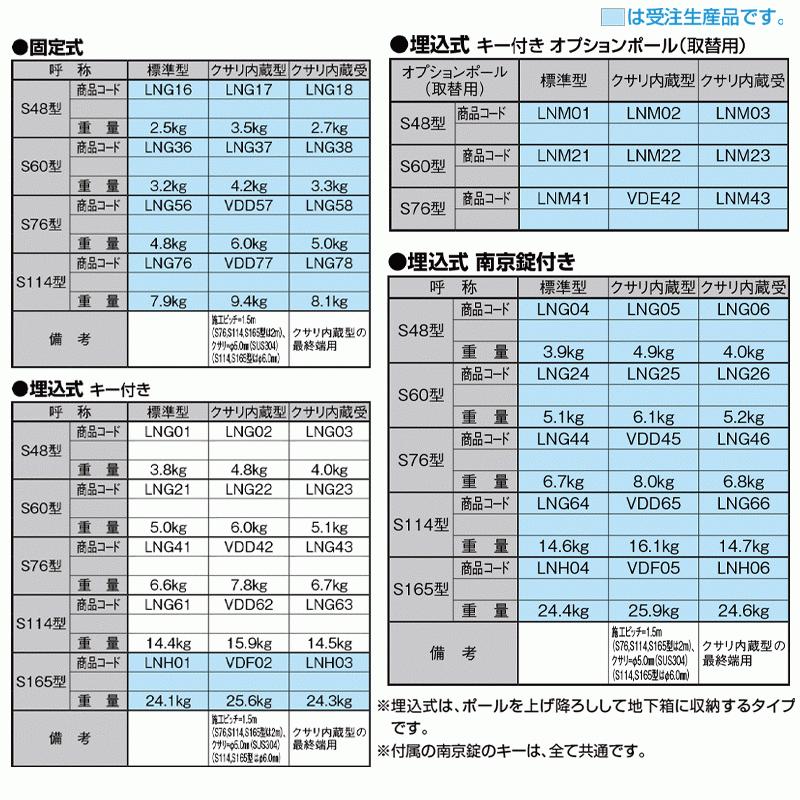 スペースガード　埋込式　キー付き　オプションポール　取替用　標準型　LNM21　ステンレス製　S60型　ポール　反射テープ付