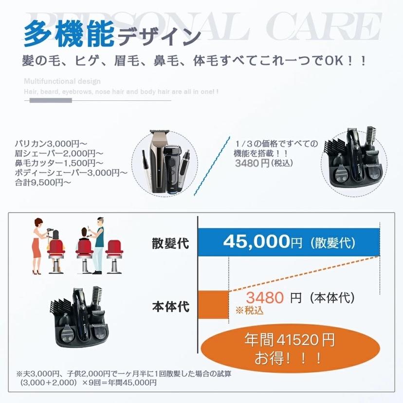 【送料無料】バリカン 6 in 1多機能性 電動バリカン 電気シェーバー USB充電式 髪鼻顔カッター 水洗いOK 父の日 ちちのひ |  | 05