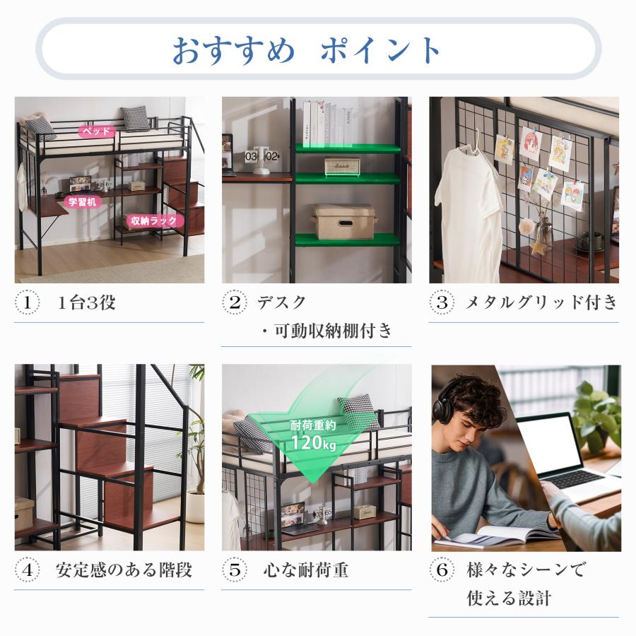 ロフトベッド デスク付き 階段 収納棚付き パイプベッド ハイベッド システムベッド メタルグリッド 子供部屋 子供ベッド 頑丈 省スペース 一人暮らし_1