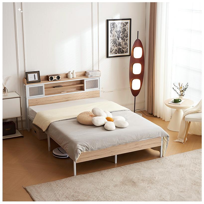 セール ベッドフレーム ダブル パイプベッド コンセント付き 宮付き