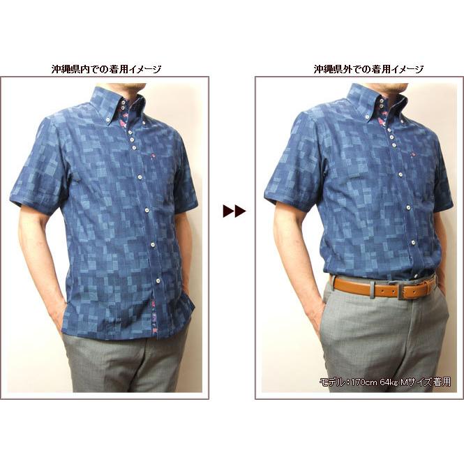 かりゆしウェア結婚式に アロハシャツ 沖縄 メンズ ボタンダウン 半袖 クールビズ Yシャツ ワイシャツ 紅型 紺 ネイビー系幾何学模様(msck-nv04-4821)｜fellows｜07