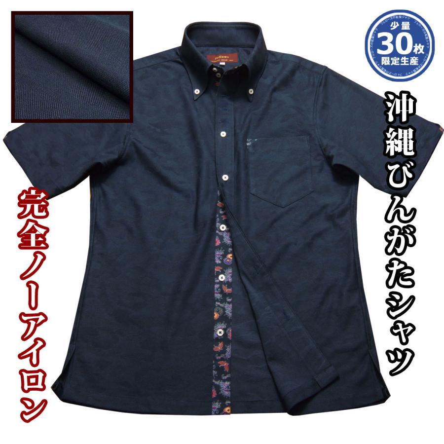 沖縄 アロハ 琉球紅型 半袖 メンズ ボタンダウン シャツ 紺 ネイビー系