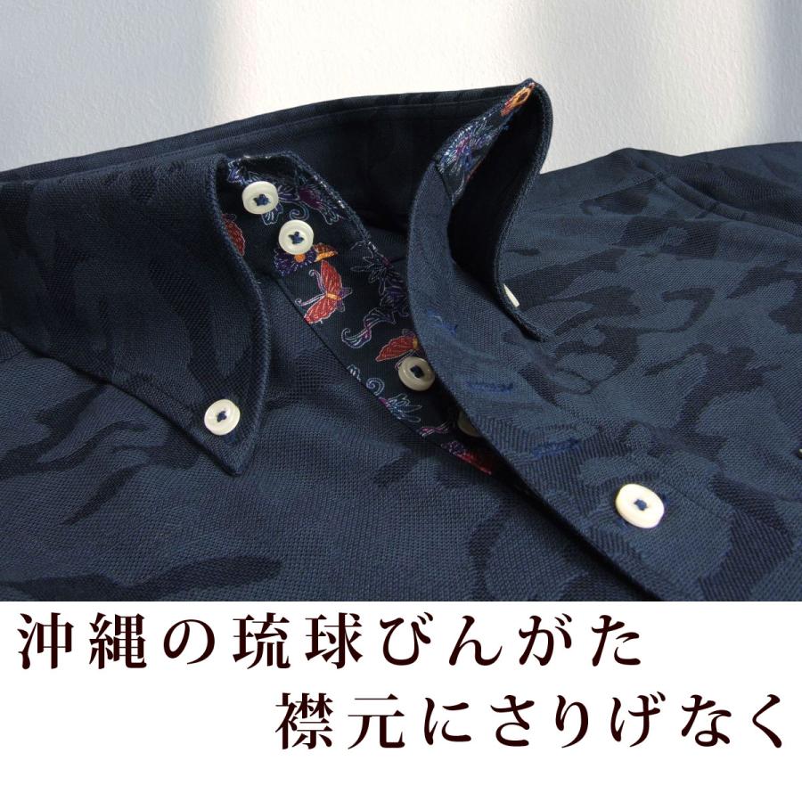 沖縄 アロハ 琉球紅型 半袖 メンズ ボタンダウン シャツ 紺 ネイビー系