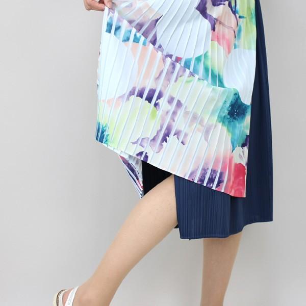 佐藤繊維 M&KYOKO 水彩プリント柄ラップ風プリーツスカート  