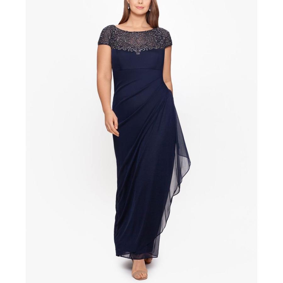 楽天ランキング1位 エックススケープ Xscape レディース パーティードレス 大きいサイズ ワンピース ドレス Plus Size Embellished Illusion Yoke Gown Navy Blue Gunmetal 売り切れ必至 Cepici Gouv Ci