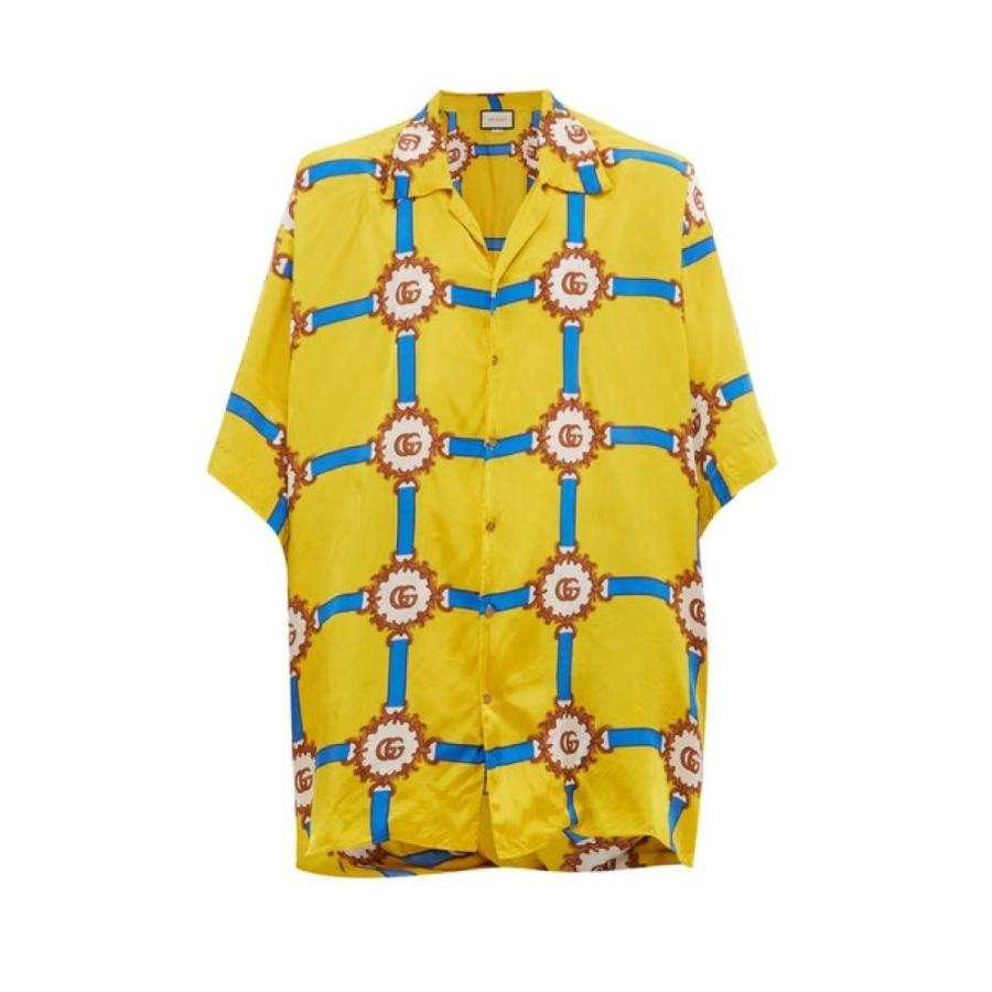 グッチ Gucci メンズ 半袖シャツ トップス Oversized Harness Print Silk Twill Shirt Yellow Www Pm85 Es