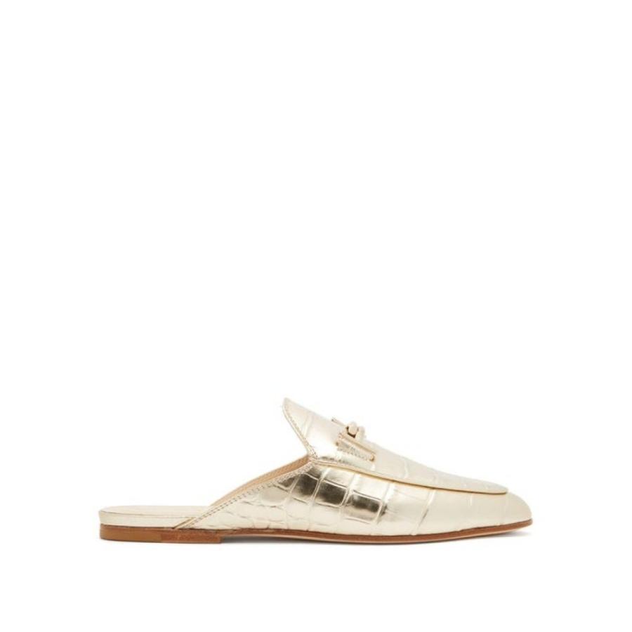 gold backless loafers