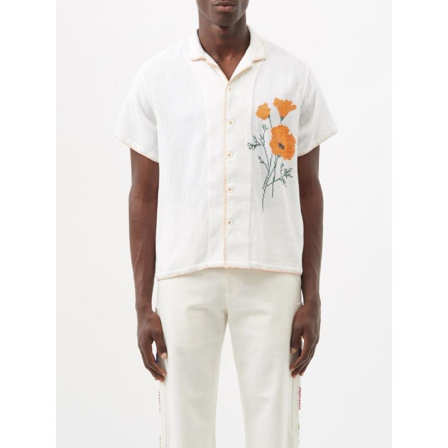 激安超安値 HARAGO ハラゴ メンズ White shirt cotton-aida cross-stitched Poppy トップス 半袖シャツ 半袖