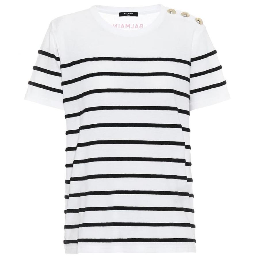 バルマン Balmain レディース Tシャツ トップス Striped Cotton T Shirt Blanc Noir Rouge Supersport Tn