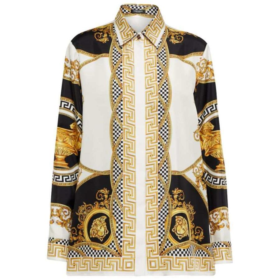 ヴェルサーチェ Versace レディース ブラウス・シャツ トップス La Coupe Des Dieux print silk shirt Bianco+Oro+Nero｜fermart3-store｜07