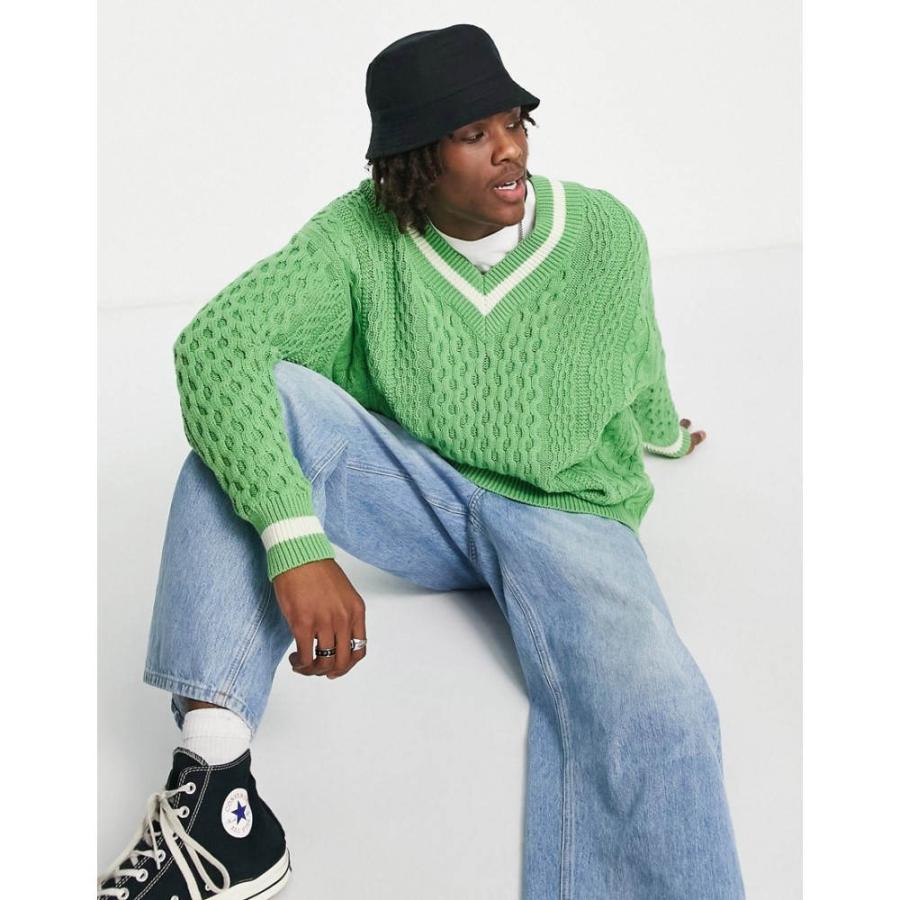 エイソス Asos Design メンズ ニット セーター ケーブルニット Vネック トップス Oversized Cable Knit V Neck Jumper With Tipping In Bright Green グリーン Ap フェルマート Fermart 1号店 通販 Yahoo ショッピング