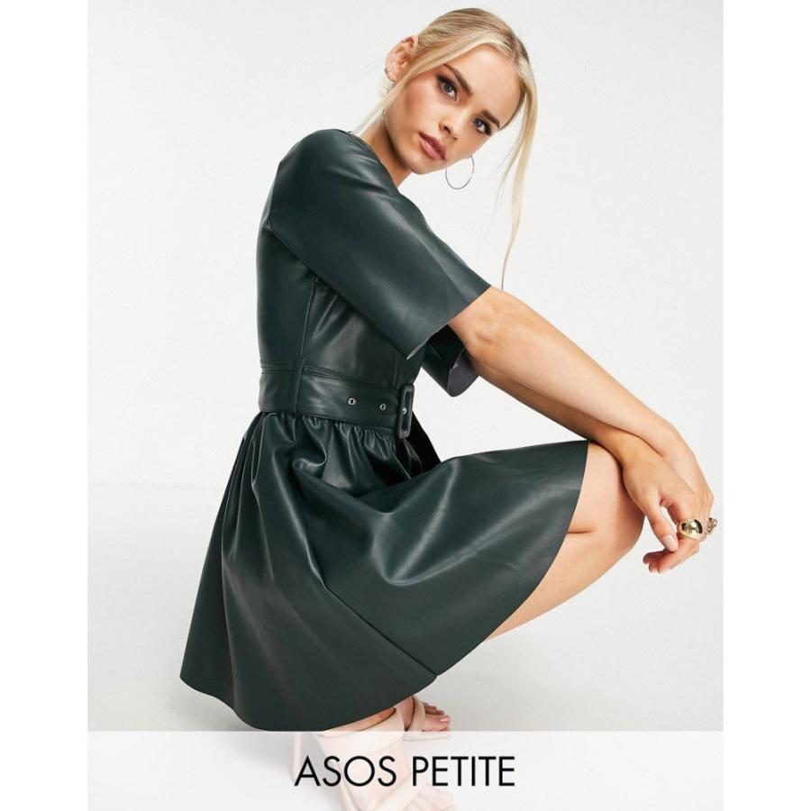 最短当日出荷 エイソス Asos Petite レディース ワンピース Aライン ミニ丈 Asos Design Petite Leather Look T Shirt Mini Skater Dress With Belt In Bottle Green 長納期商品 Www Superavila Com