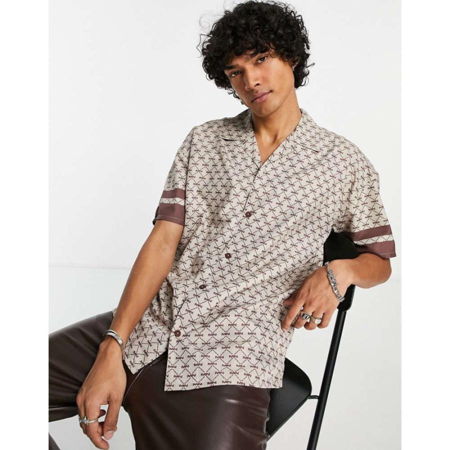 人気の春夏 メンナス Mennace メンズ 半袖シャツ トップス Short Sleeve Shirt In Light Brown With Monogram Print And Revere Collar ブラウン Mintzerbooks Com