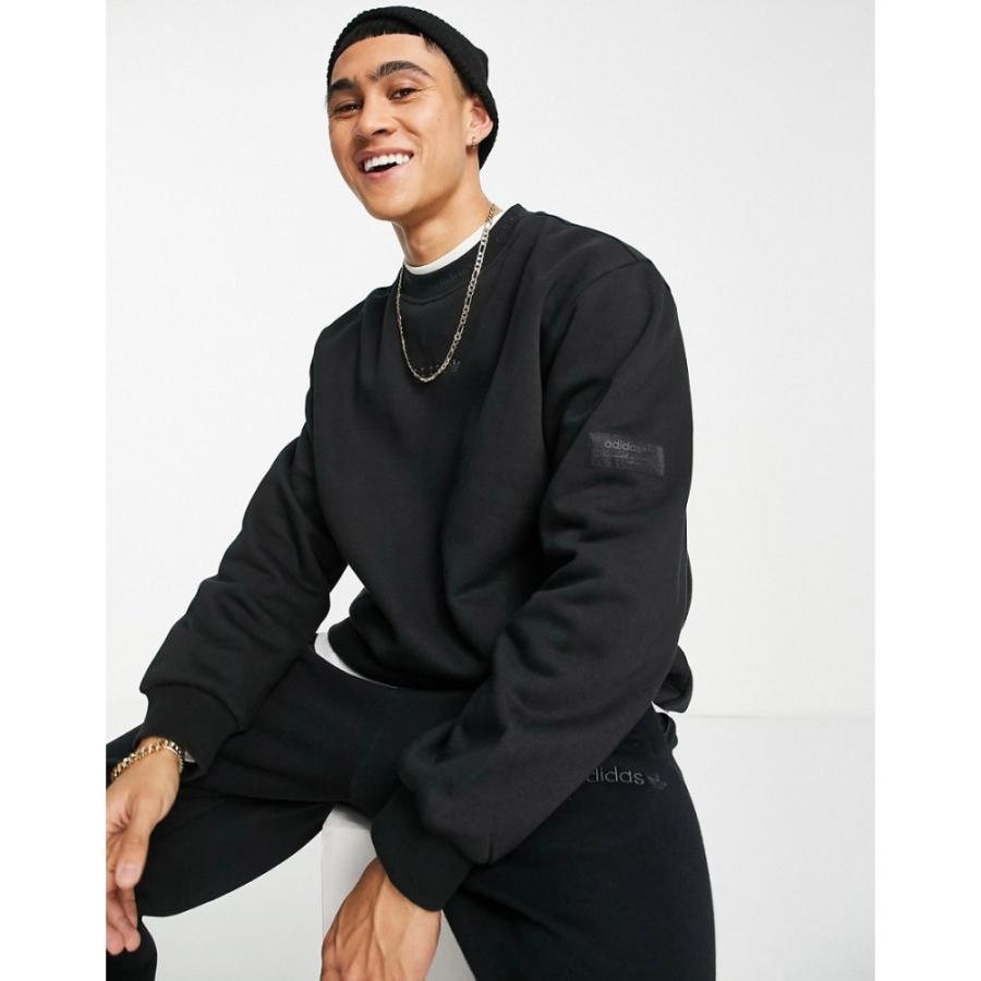 驚きの値段で アディダス adidas Originals メンズ スウェット・トレーナー トップス 'Trefoil Linear' Premium Sweatshirt In Black With Arm Patch ブラック トレーナー