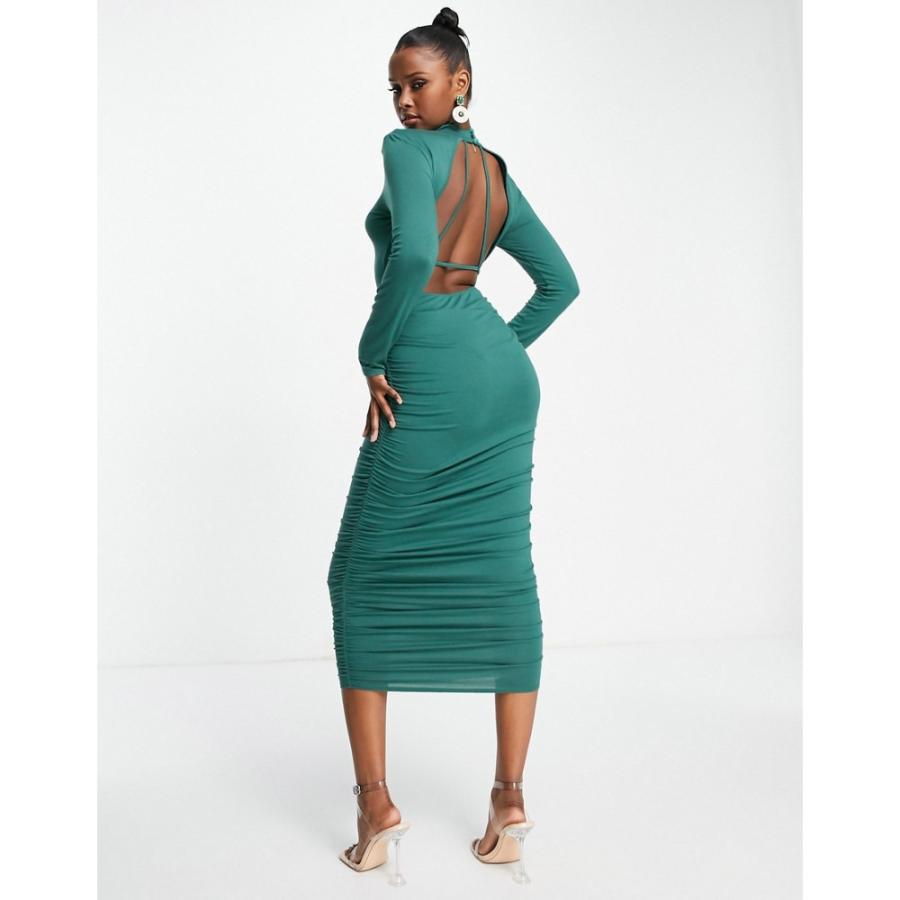 エイソス Asos Design レディース ワンピース ミドル丈 ワンピース ドレス Minimal Back Long Sleeve Ruched Midi Dress In Forest Green グリーン Ap フェルマート Fermart 1号店 通販 Yahoo ショッピング