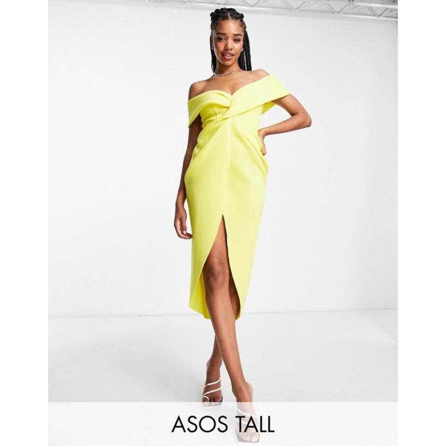ASOS Tall エイソス ワンピース レディース ワンピース・ドレスエイソス ASOS Tall レディース ワンピース ラップドレス タイト ミドル丈 Tall Off Shoulder Twist Front Wrap Midi Pencil Dress In Lemon レモン