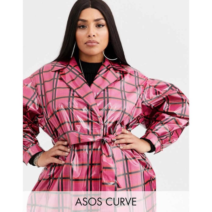 海外最新 エイソス ASOS Curve レディース トレンチコート アウター ASOS DESIGN Curve vinyl check trench coat in pink ピンクチェック, イイパワーズ db34219e