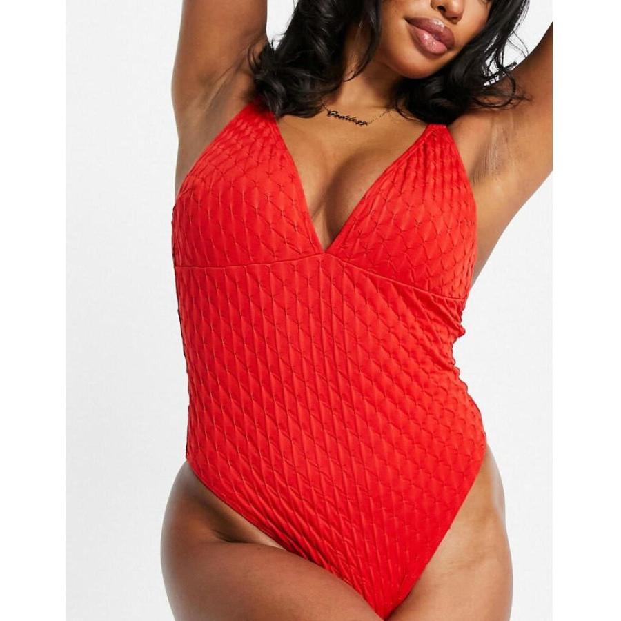 値引きする エイソス Asos Design レディース ワンピース 水着 ビーチウェア Fuller Bust Textured Frill Cross Back Swimsuit In Red レッド 新作モデル Www Simon Page Com