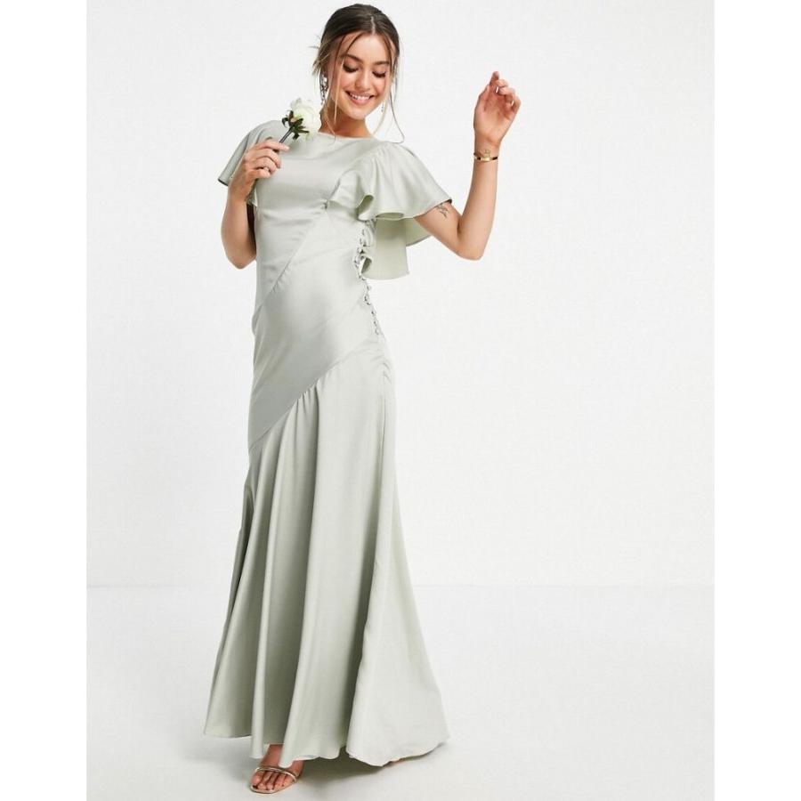 送料無料直送 エイソス Asos Design レディース ワンピース マキシ丈 ワンピース ドレス Bridesmaid Flutter Sleeve Satin Maxi Dress With Button Side Detail オリーブ 激安 販売オンライン Essentiallearningcenter Com
