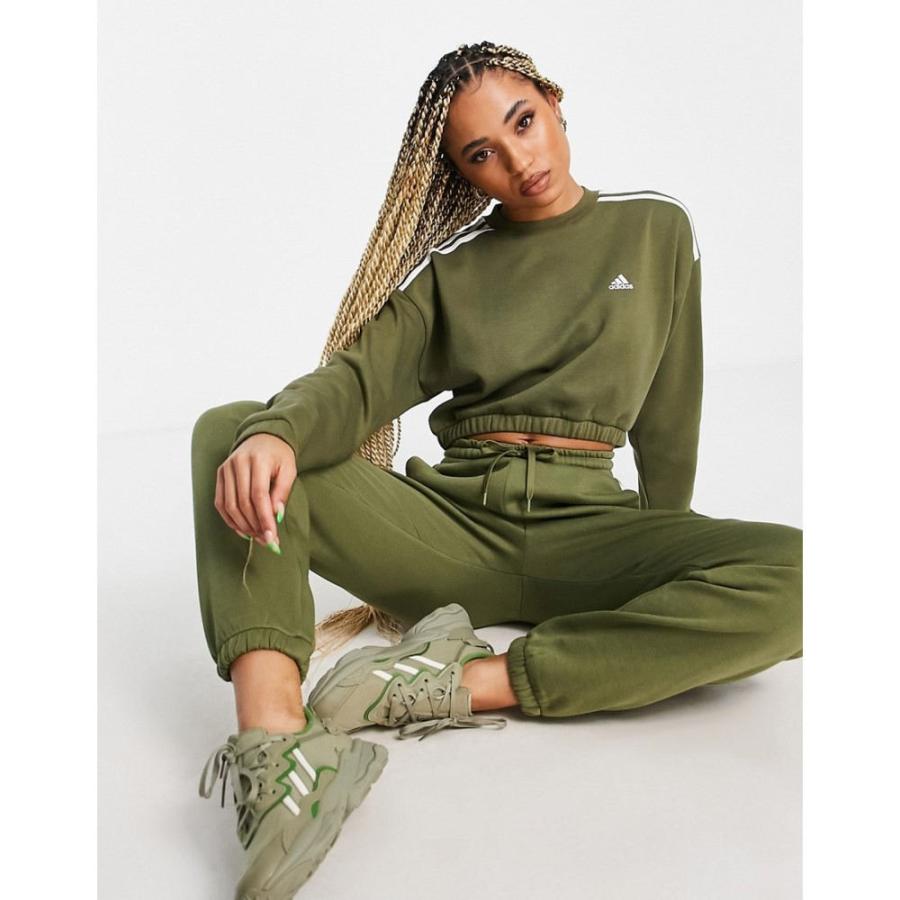 激安単価で Adidas アディダス スウェット トレーナー アディダス Performance Adidas Performance Khaki In Stripe Three With Sweatshirt Cropped Training Adidas クロップド スウェット トレーナー レディース トップス Meorboston Org