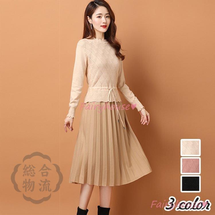 ニットワンピース レディース きれいめ 40代 秋冬 膝丈 ワンピース プリーツ 配色 ワンピース 大人 お出かけ 30代 50代 通勤 着痩せ 保証書付