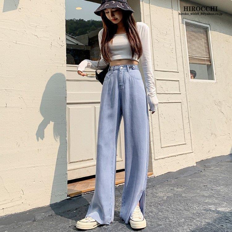 涼しい ロング丈 ワイドパンツ バギーパンツ デニムパンツ 薄手 ジーンズ 裾カットオフ レディース 夏 スリット ワイド バギーパンツ お待たせ Taasir Com