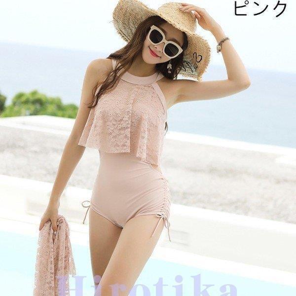 水着 レディース 体型カバー モノキニ オフショルダー ワンピース オトナ女子 ママ水着 2点セット レース 小胸 二の腕 カバーアップ ぽっちゃり かわいい バスト 限定品