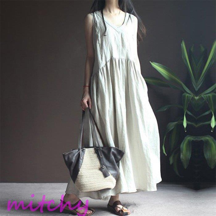 リネンワンピース 綿麻混 マキシワンピース ノースリーブ 袖なし ワンピース ロングワンピ Tシャツワンピ カジュアル Aライン 絶対一番安い ワンピ
