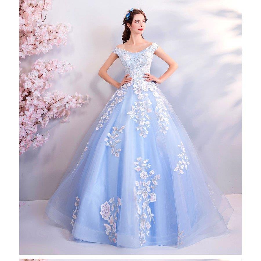 花嫁ドレス カラードレス 水色 オフショルダー ウエディングドレス お花刺繍 プリンセスライン 結婚式 披露宴 二次会 パーティー 忘年会コンサート演出服 Hllf Zxs Fevstyle 通販 Yahoo ショッピング