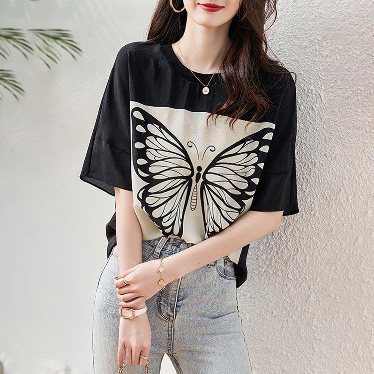 Tシャツ レディース 40代 春夏新作 オシャレ シフォンtシャツ 半袖トップス 蝶プリントブラウス 大人 通勤 ゆったりtシャツ カットソー カジュアル韓国風 30代 半袖 サイズ S Www Mantraman Com Mx