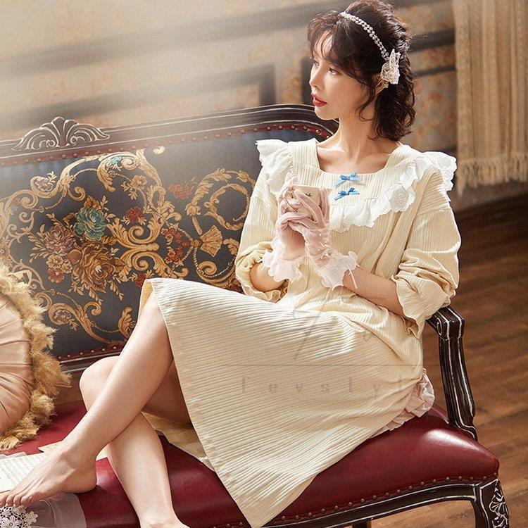 ネグリジェ パジャマ レディース 春秋新作 長袖ワンピース パジャマ 綿ルームウェア 可愛いレース無地ネグリジェ フレア ロング丈ワンピ 部屋着 寝巻お姫様風 セットアップ