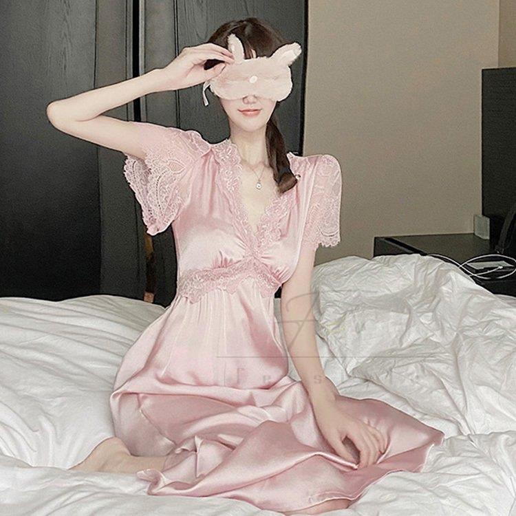 激安通販ネグリジェ パジャマ レディース 春夏 半袖ワンピース レースvネック 大人可愛いルームウェア センターネグリジェ ロングナイトロープ 部屋着 レション ネグリジェ Moneystore Be