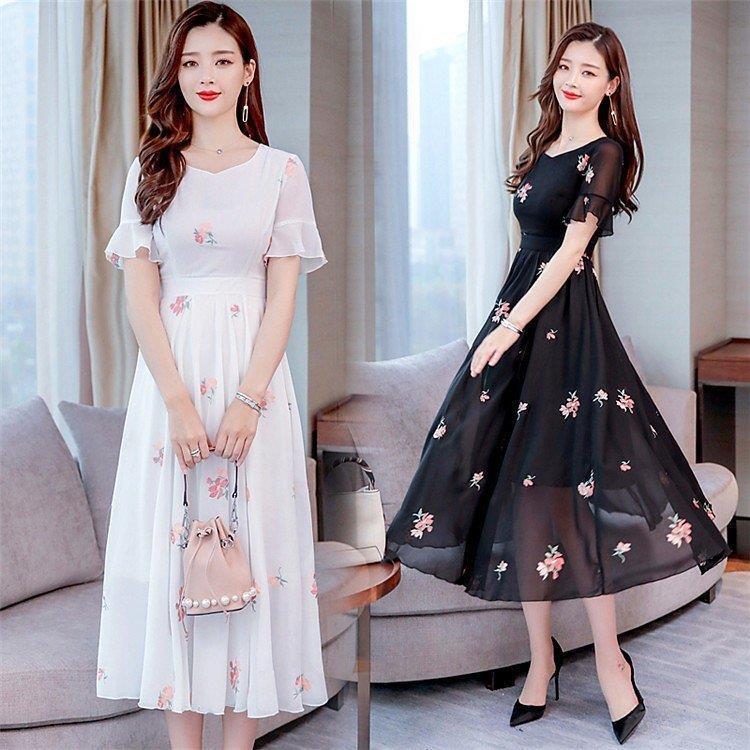 週末限定直輸入 ワンピース レディース オシャレ 夏 花柄 ホワイト 黒ワンピ 半袖 着痩せ シフォン ミモレ丈 40代 Aライン コーデ 結婚式 パーティー ドレス Fmfm Com Mx