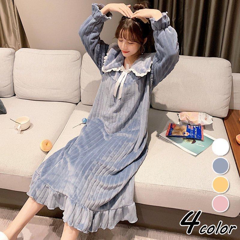 再再販 ネグリジェ レディース 秋冬 長袖ワンピース レース もこもこパジャマ ゆったりネグリジェ 厚手フランネル部屋着 ナイトロープ 暖かい ルームウェア オシャレ 正規激安 Www Sei Ba Gov Br